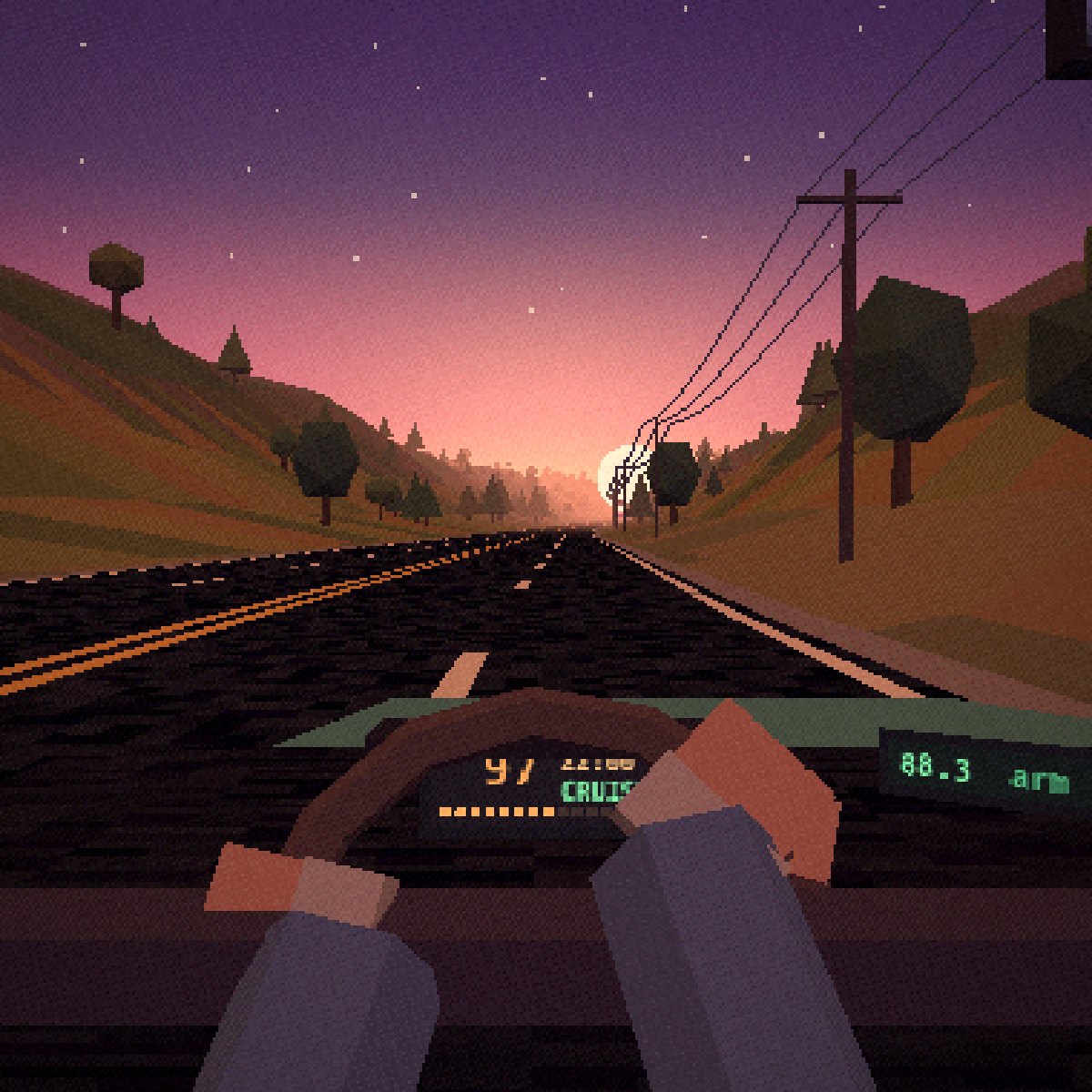 HIGHWAY 22:00: view from the driver's seat, hands on the wheel, highway heading into the sunset